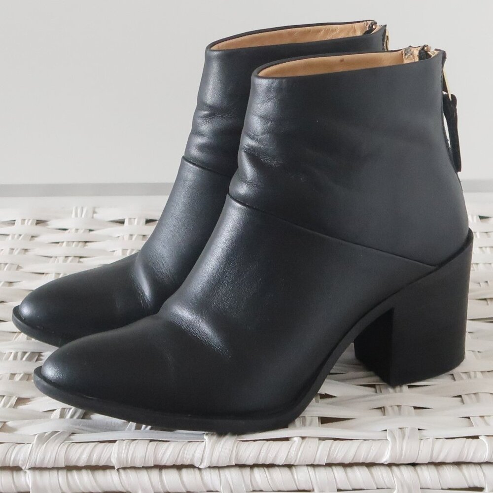 Nisolo Dari Black Leather Ankle Boots Block Heel Pointy Toe Classic Booties 6.5